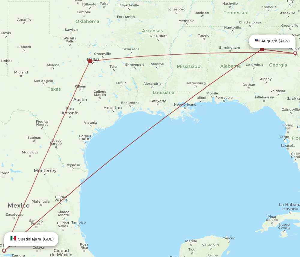 AGS to GDL flights and routes map