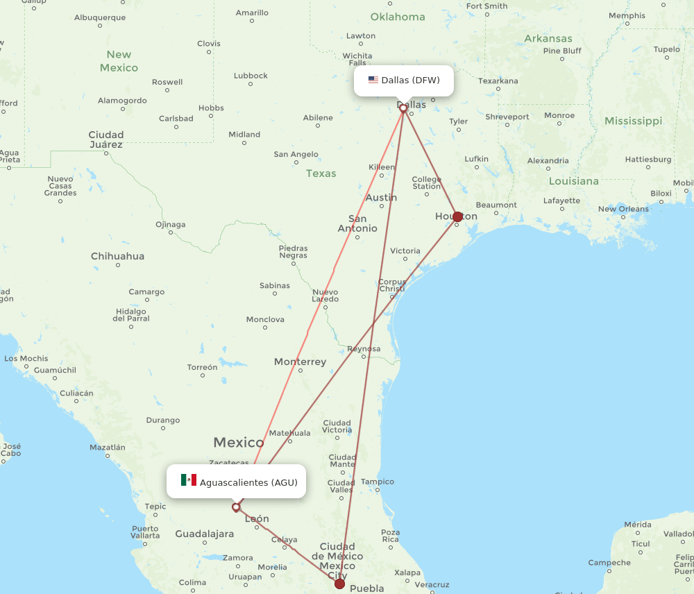 AGU-DFW flight routes