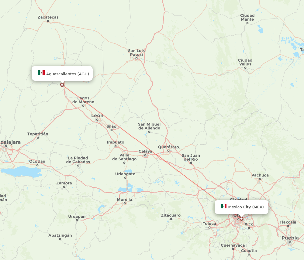 Aguascalientes - Mexico City route map and flight paths