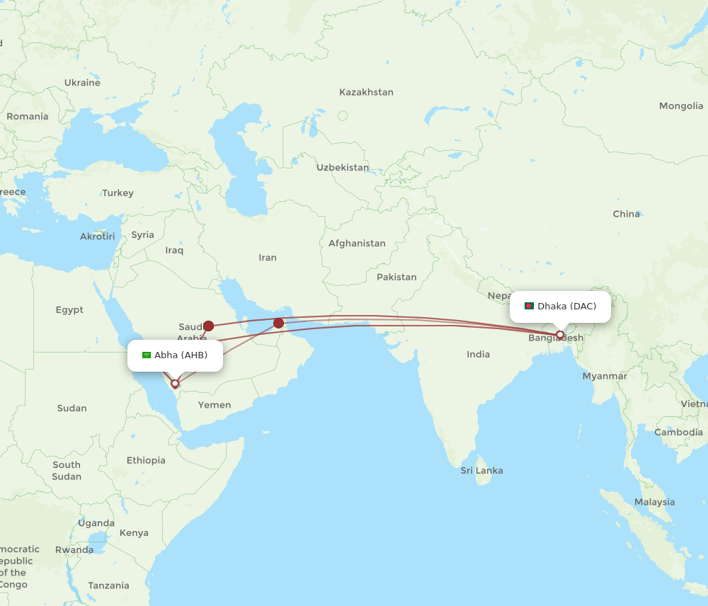 AHB to DAC flights and routes map