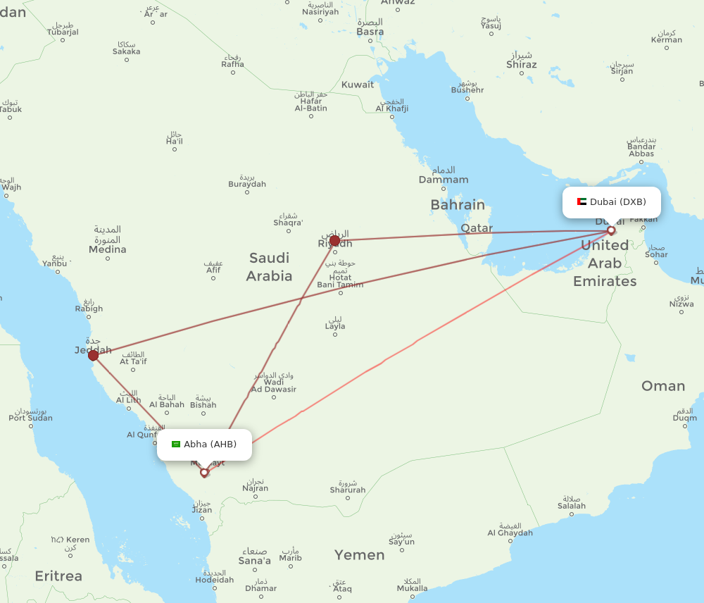 AHB to DXB flights and routes map