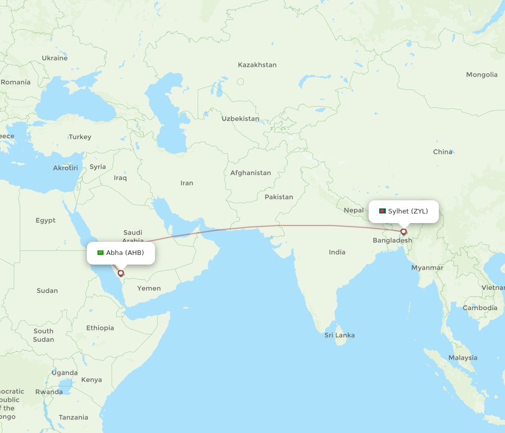 Sylhet - Abha route map and flight paths
