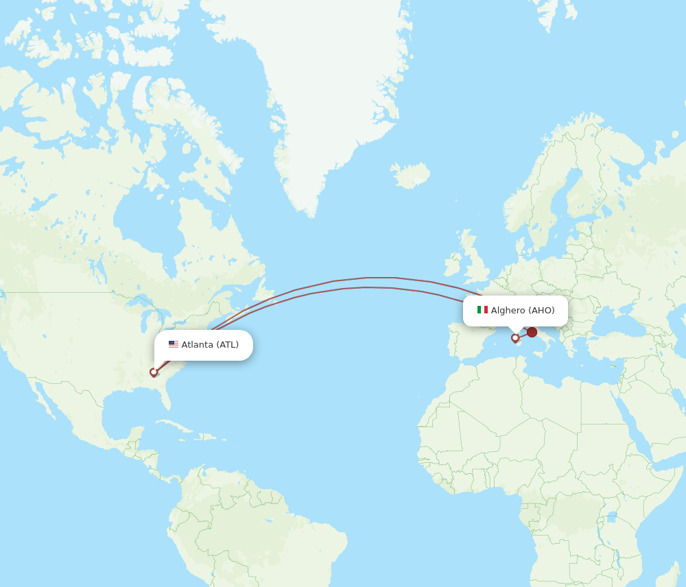 Atlanta - Alghero route map and flight paths