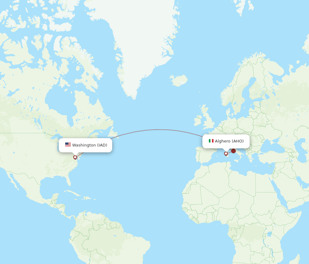 Dulles - Alghero route map and flight paths