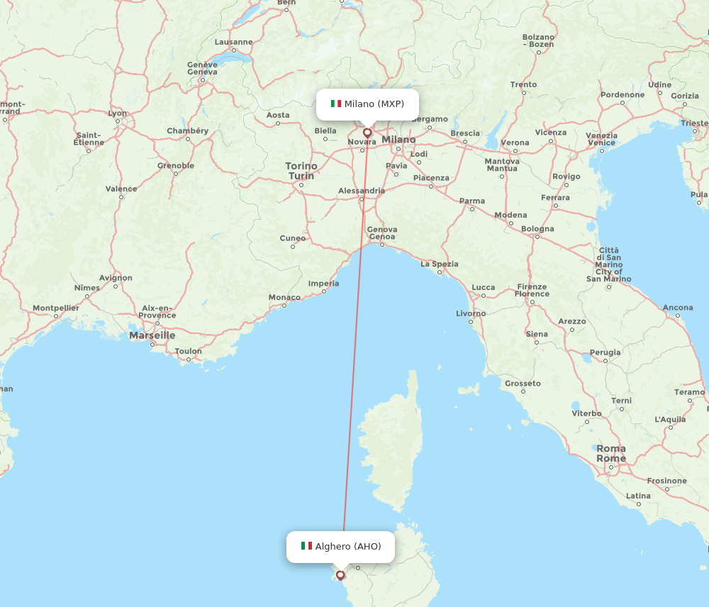 Alghero - Milan route map and flight paths