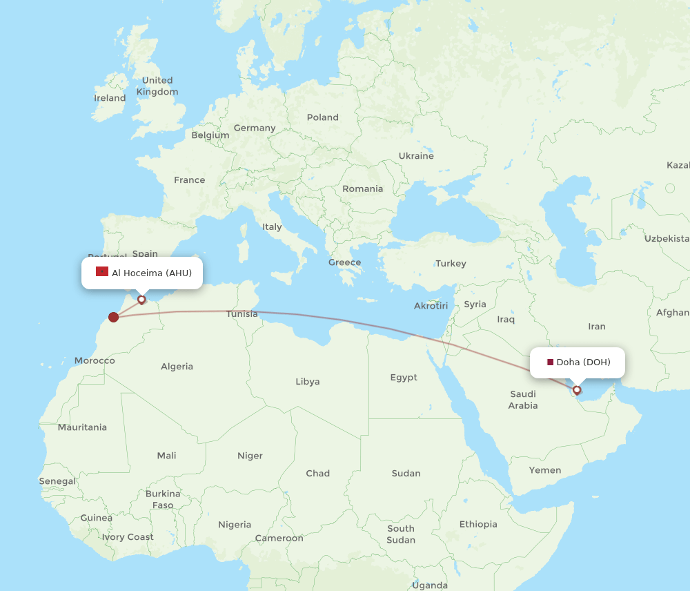 Doha - Al Hoceima route map and flight paths