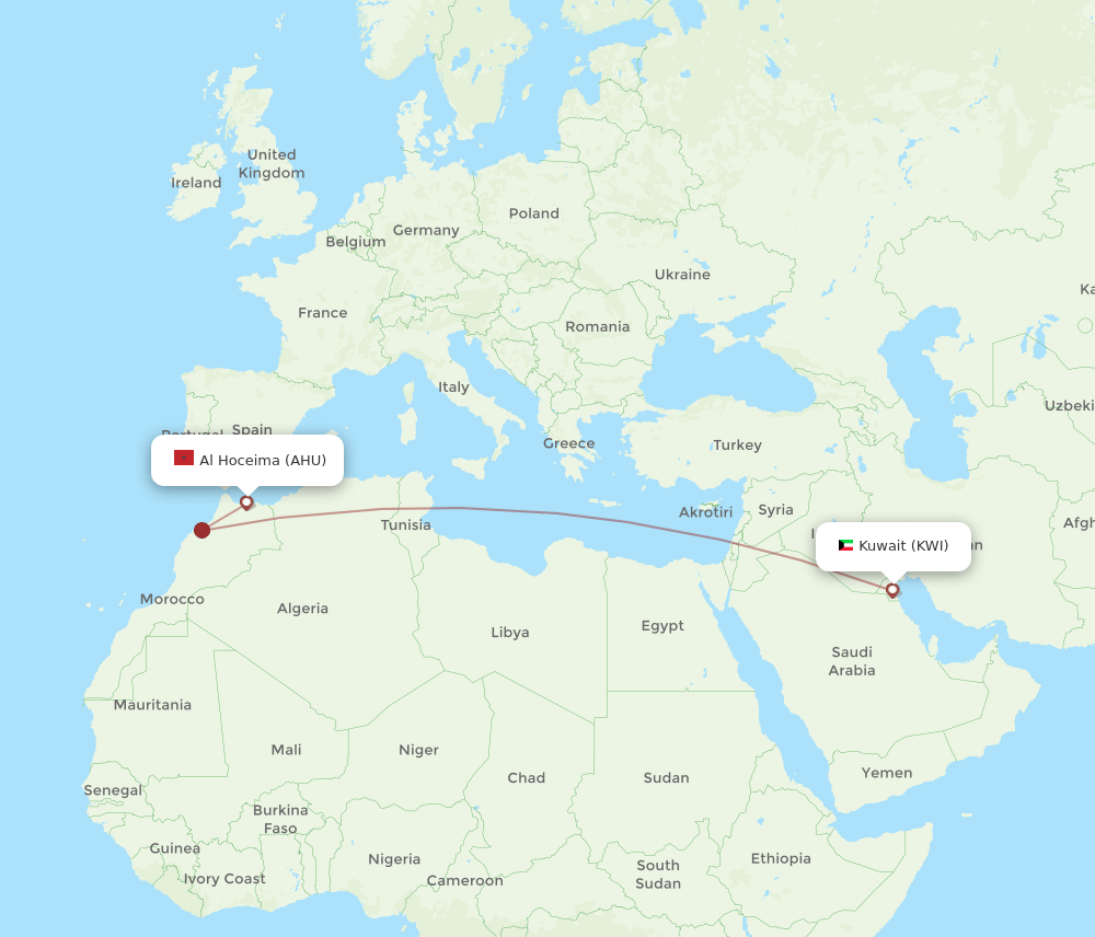 Kuwait - Al Hoceima route map and flight paths