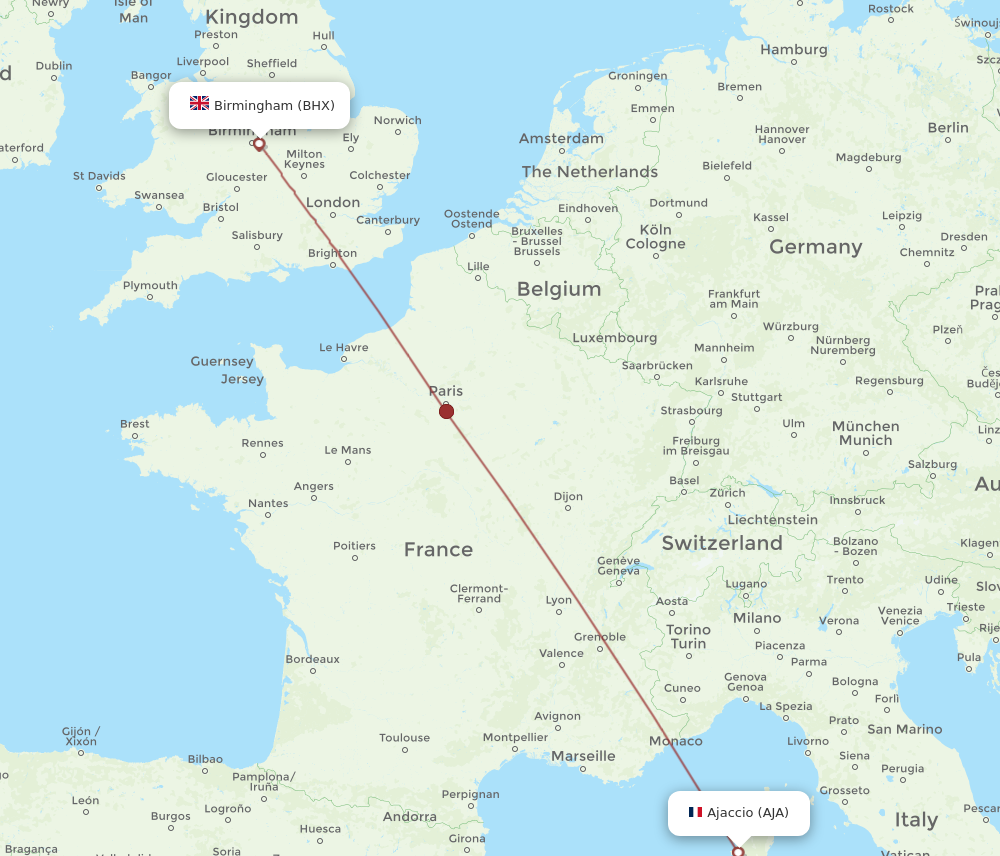 AJA to BHX flights and routes map