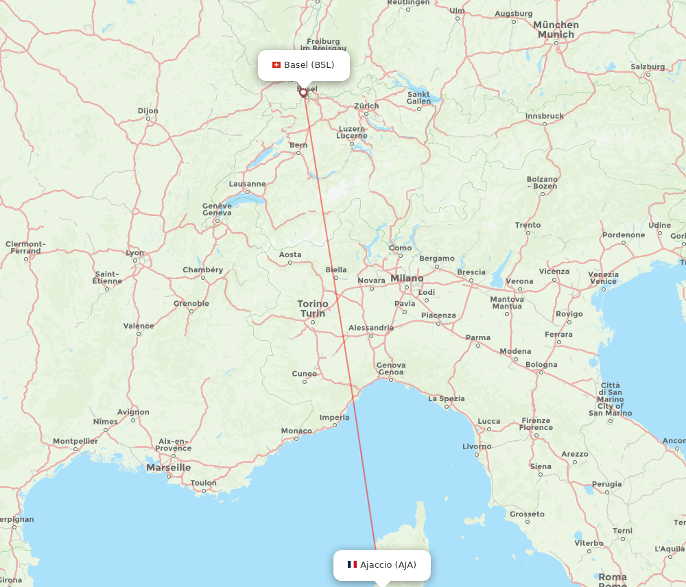 Ajaccio - Basel, Switzerland/Mulhouse route map and flight paths