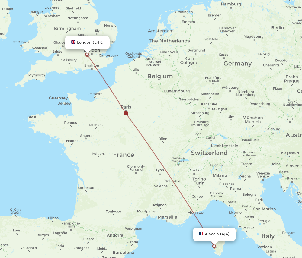 AJA to LHR flights and routes map