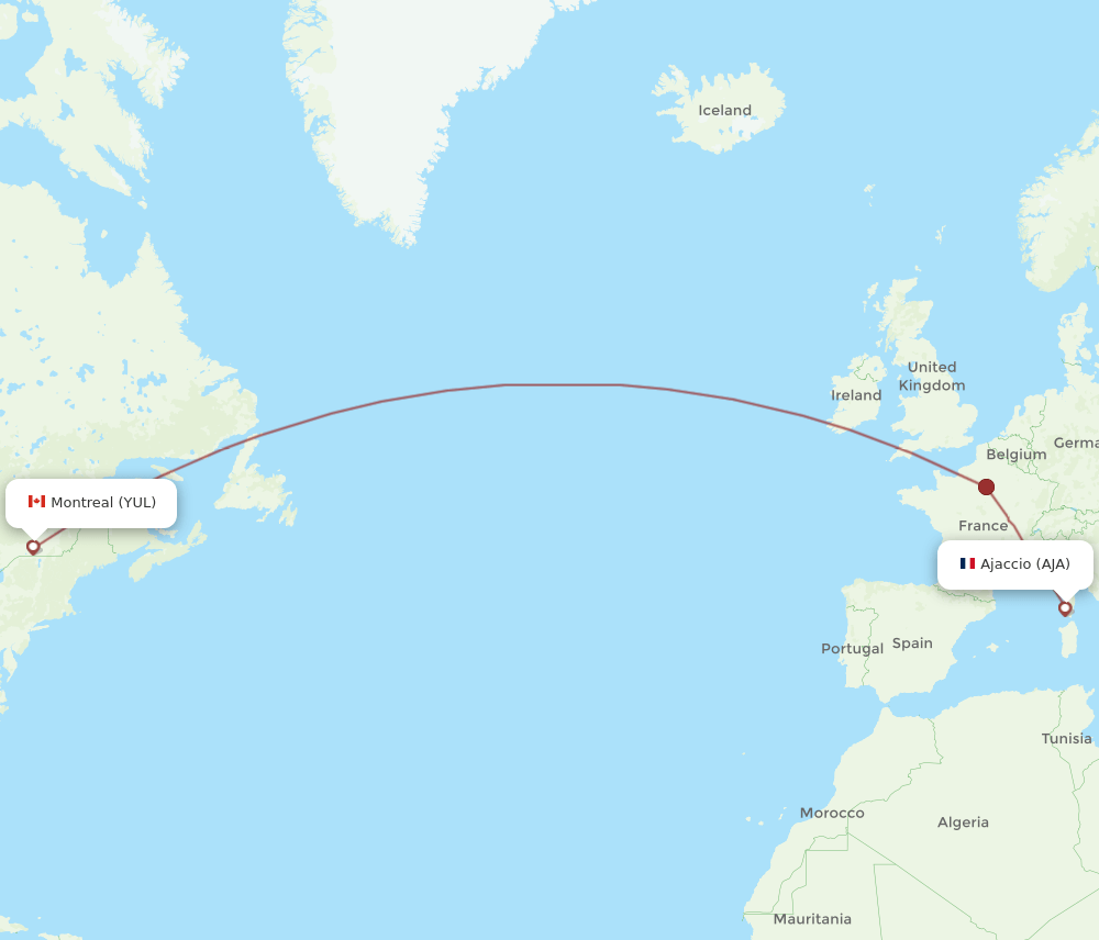 AJA to YUL flights and routes map