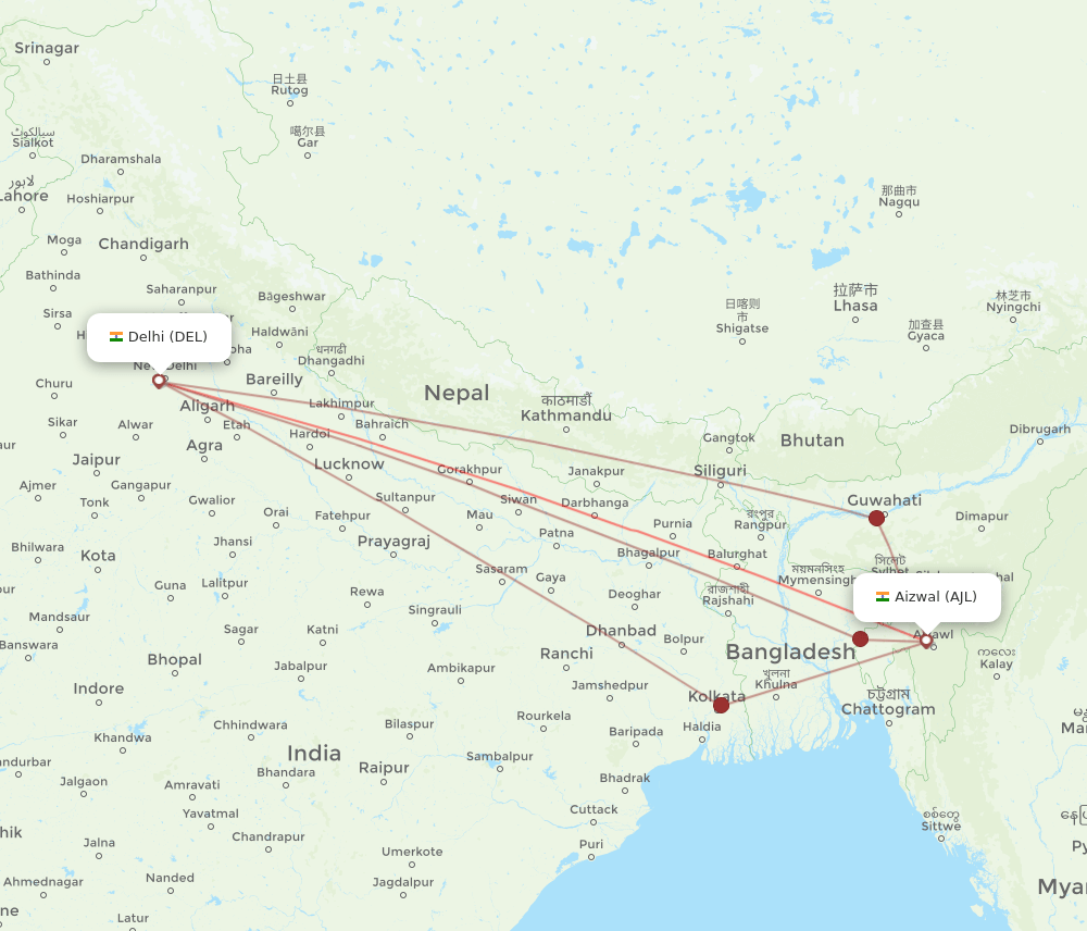 AJL to DEL flights and routes map
