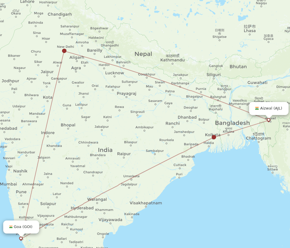 Goa - Aizawl route map and flight paths