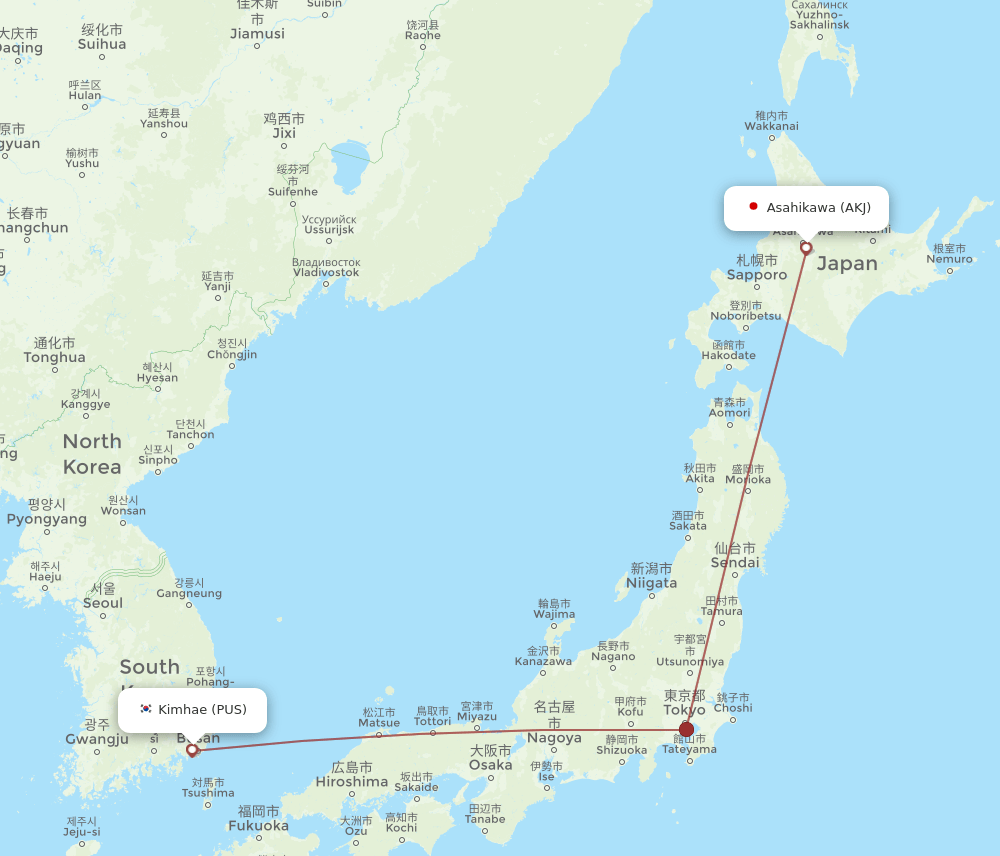 Busan - Asahikawa route map and flight paths