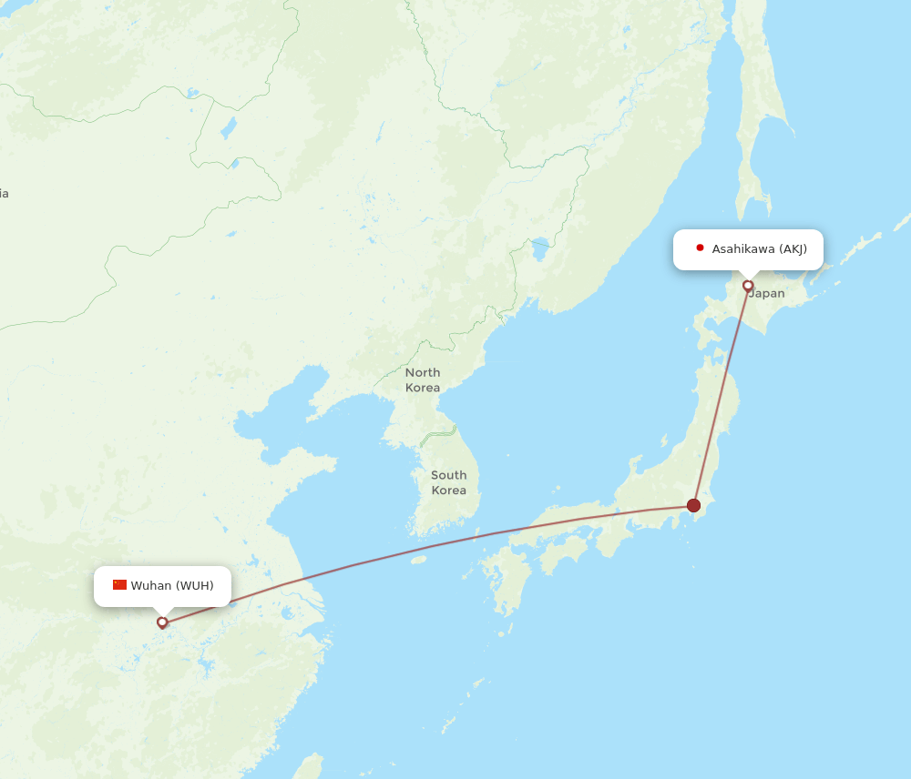 Wuhan - Asahikawa route map and flight paths