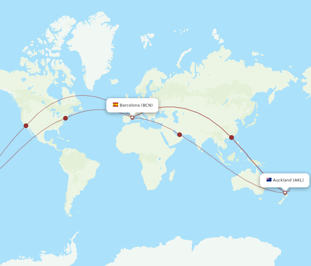 AKL to BCN flights and routes map