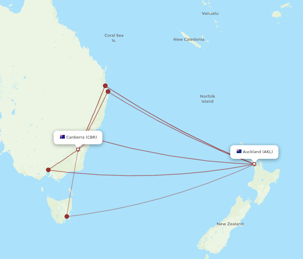 AKL-CBR flight routes