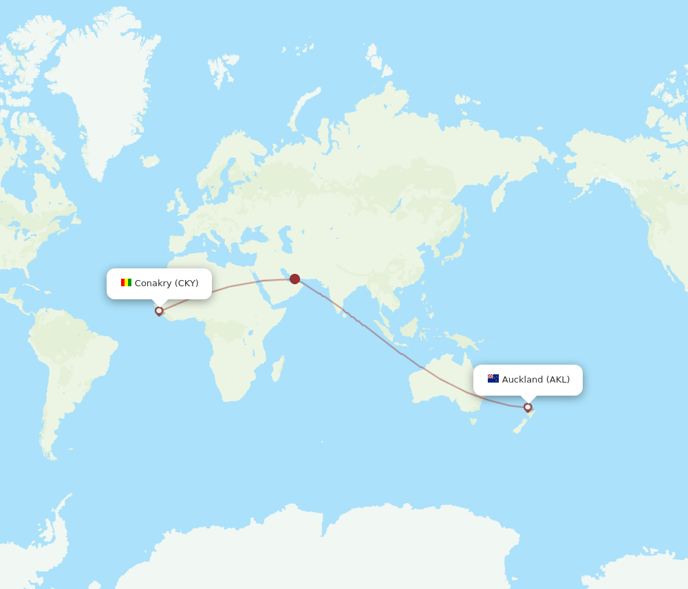 Conakry - Auckland route map and flight paths