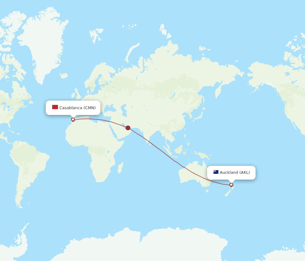 Casablanca - Auckland route map and flight paths