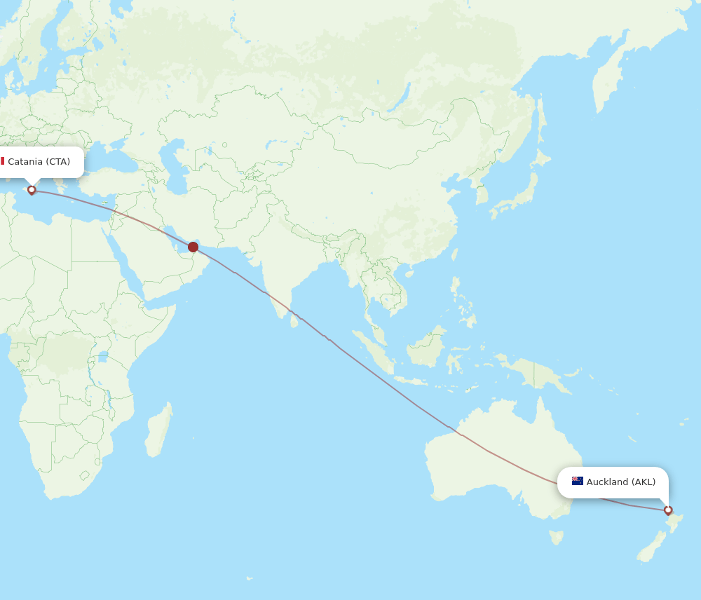 Catania - Auckland route map and flight paths