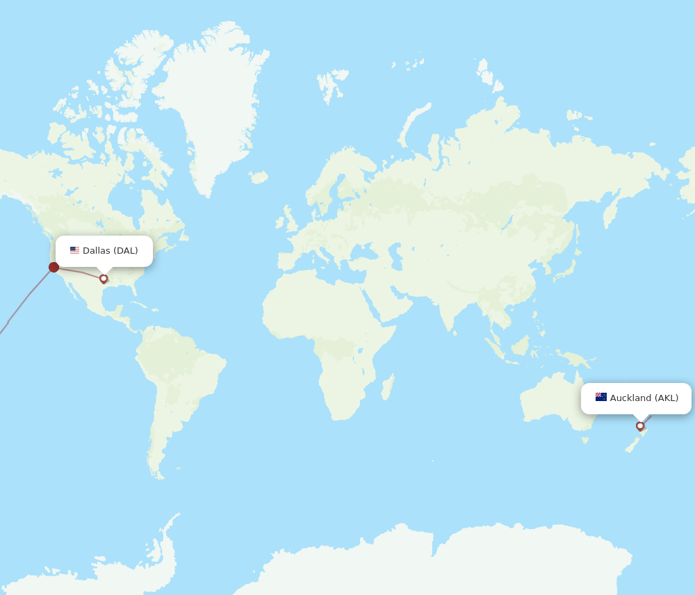 Auckland - Dallas route map and flight paths