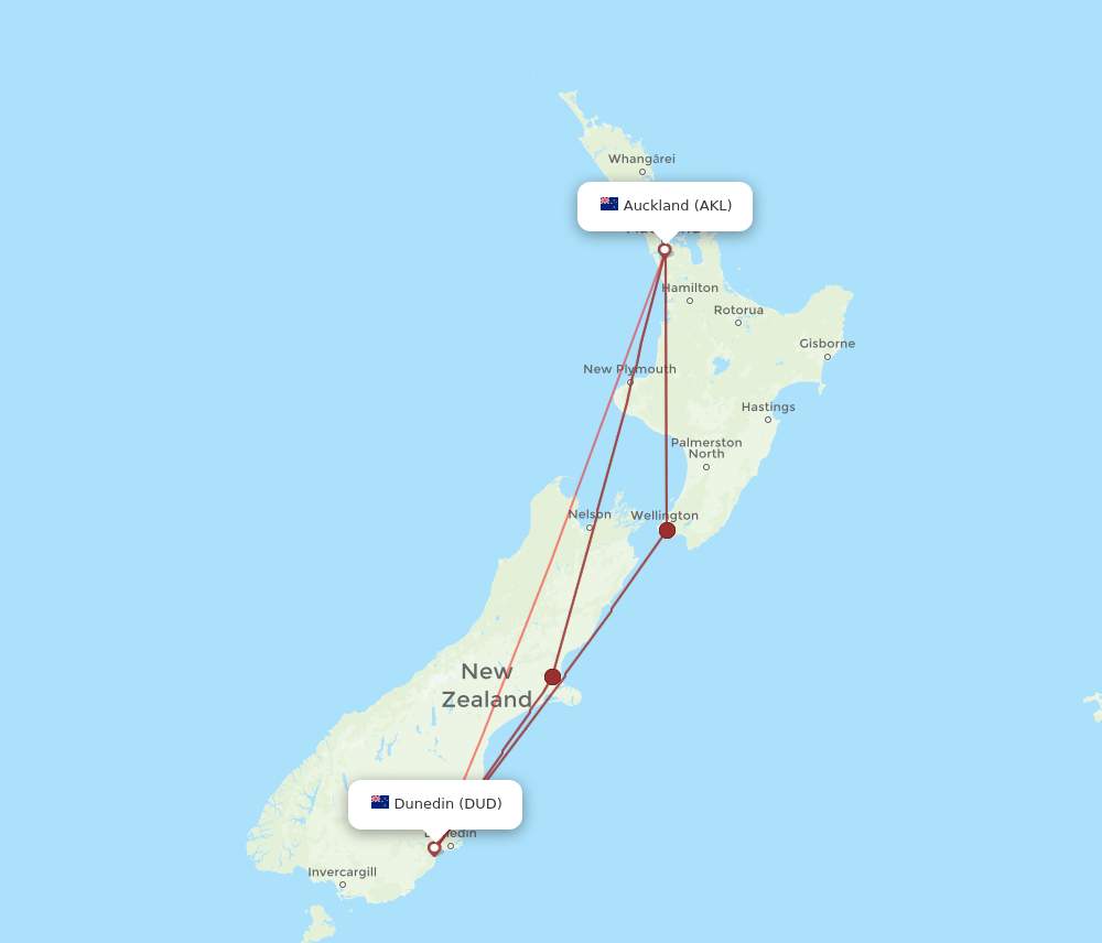 AKL-DUD flight routes
