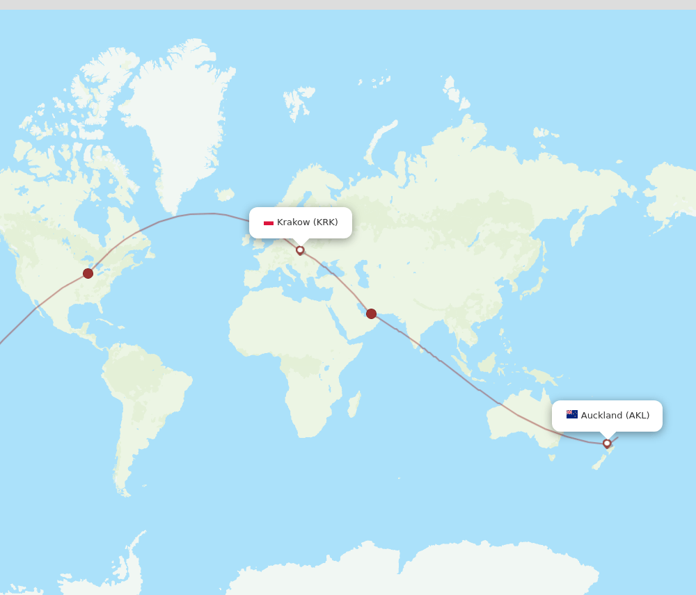 Krakow - Auckland route map and flight paths