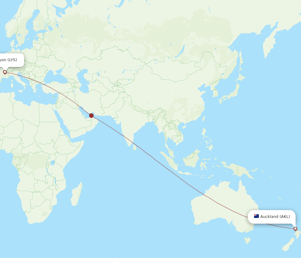 Lyon - Auckland route map and flight paths
