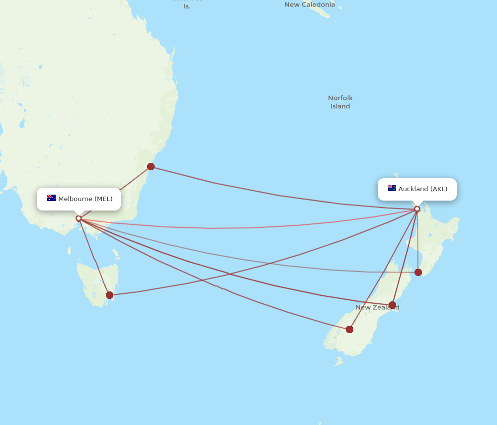 AKL to MEL flights and routes map