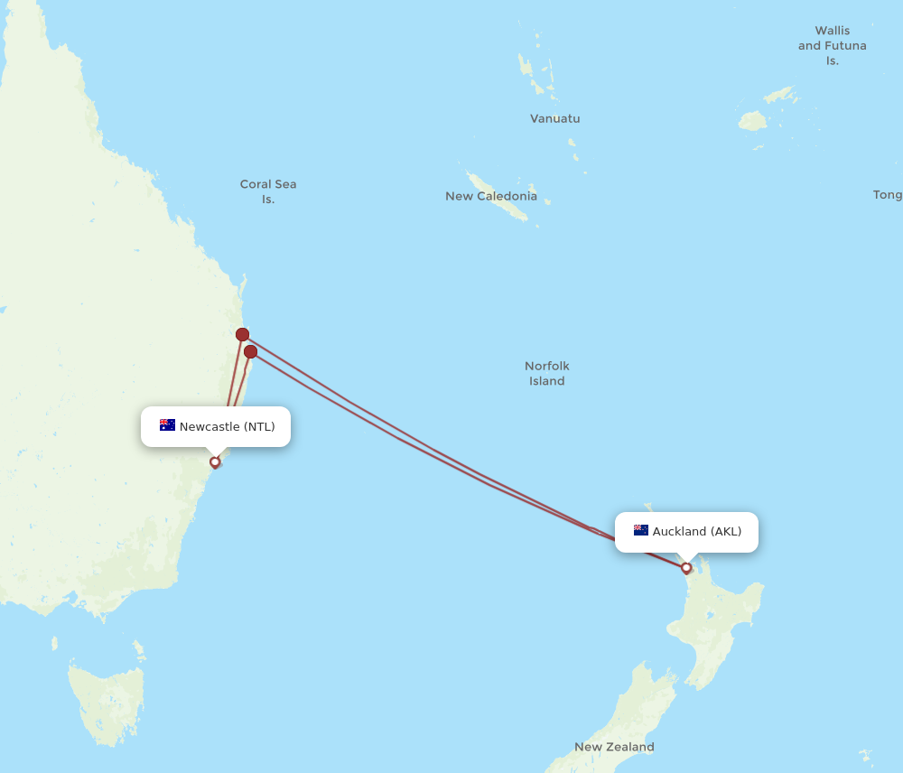 AKL to NTL flights and routes map