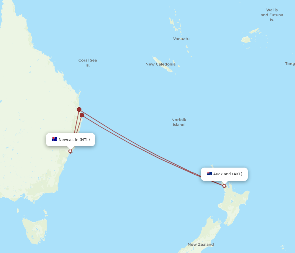 AKL-NTL flight routes