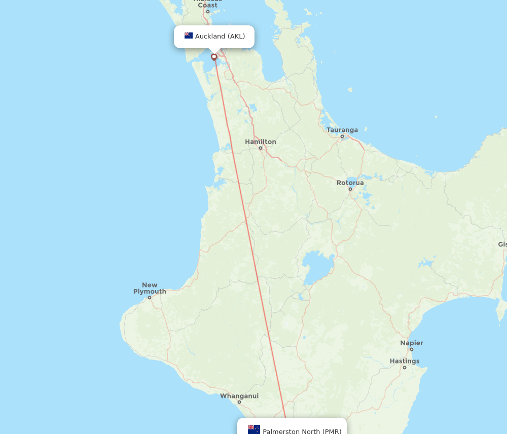 Auckland - Palmerston North route map and flight paths
