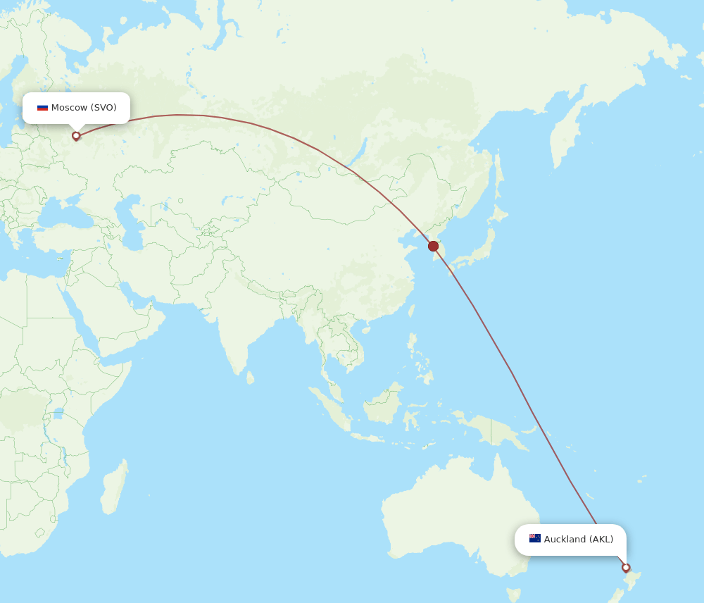 Moscow - Auckland route map and flight paths