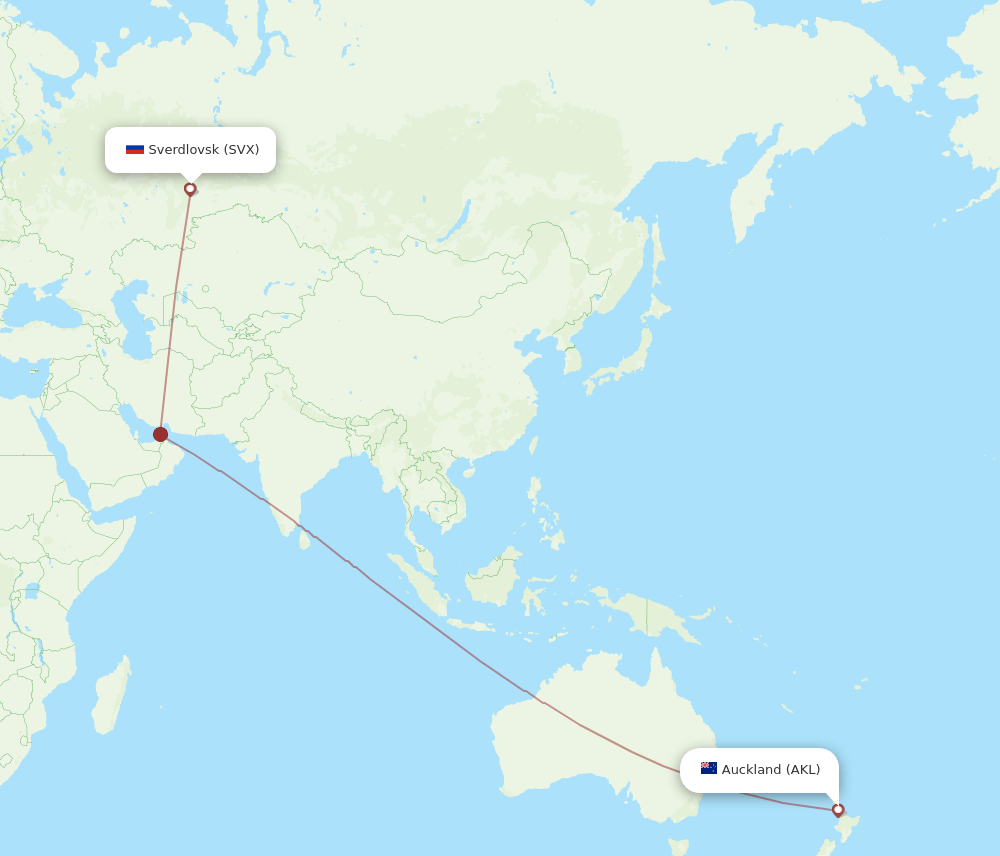 Yekaterinburg - Auckland route map and flight paths