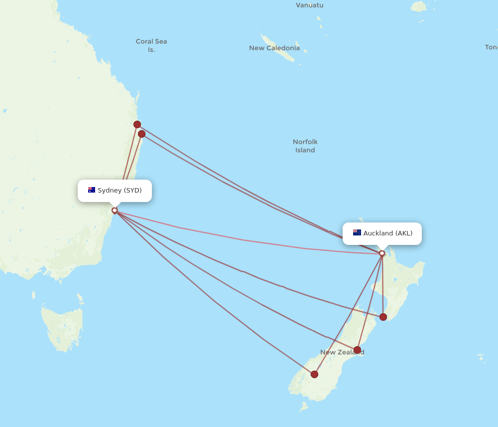 AKL to SYD flights and routes map