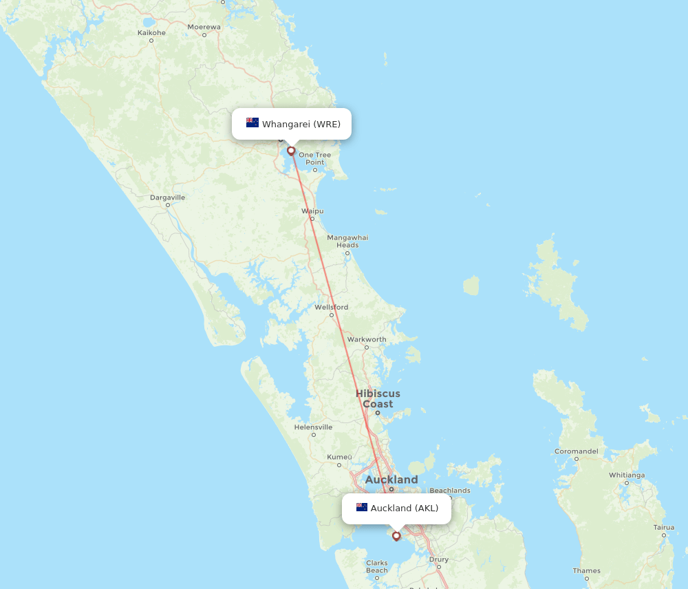Auckland - Whangarei route map and flight paths