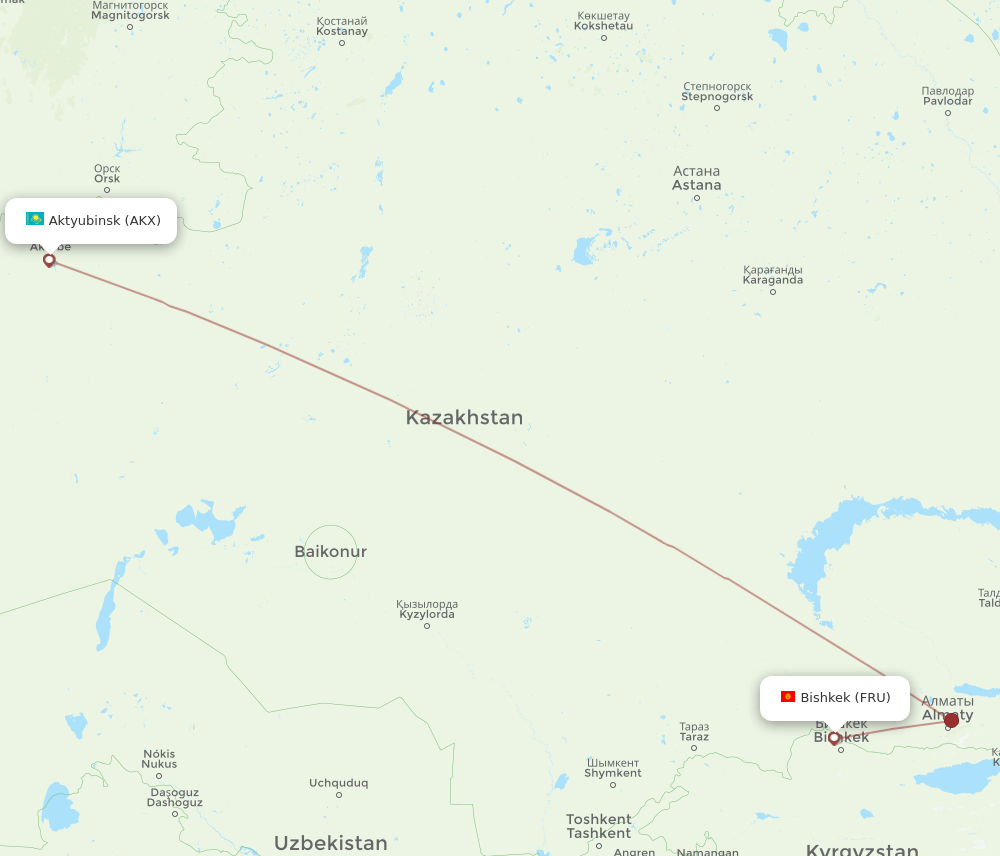 Bishkek - Aktobe route map and flight paths