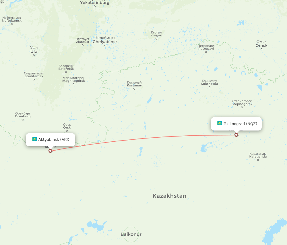 Aktobe - Astana route map and flight paths