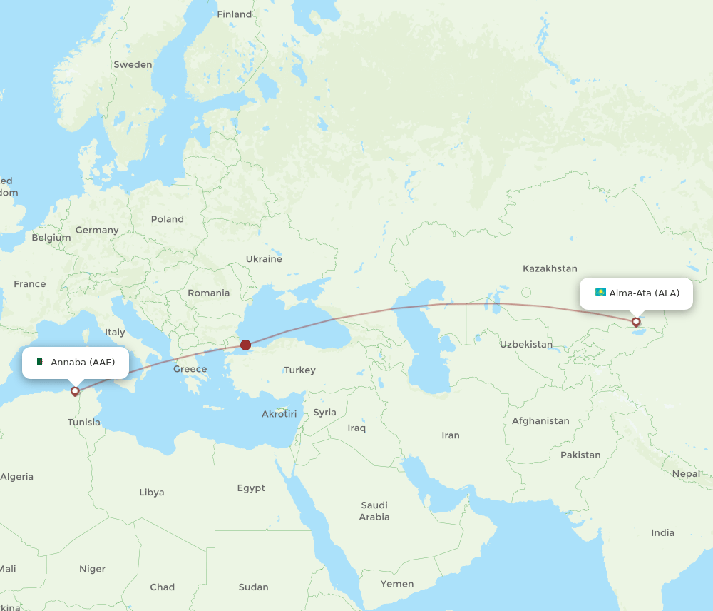 Annaba - Almaty route map and flight paths