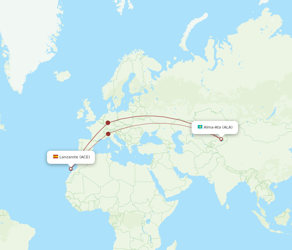 Lanzarote - Almaty route map and flight paths