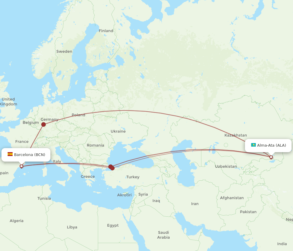 ALA to BCN flights and routes map