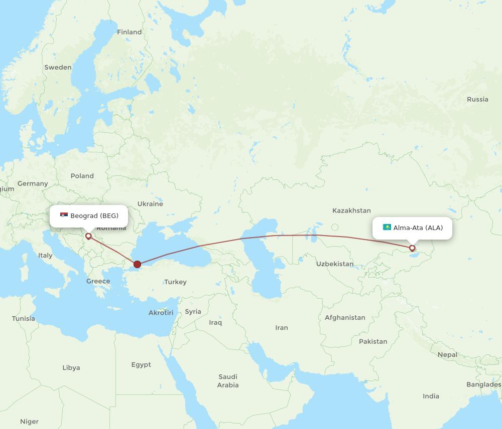 ALA to BEG flights and routes map