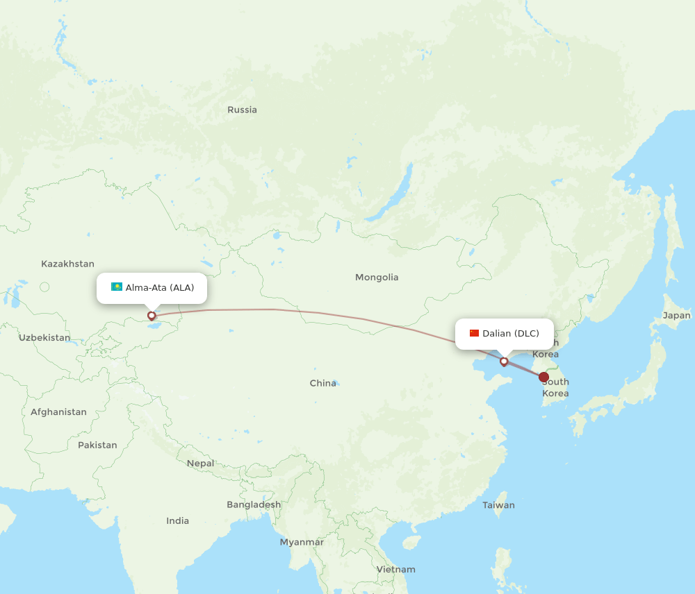 Dalian - Almaty route map and flight paths