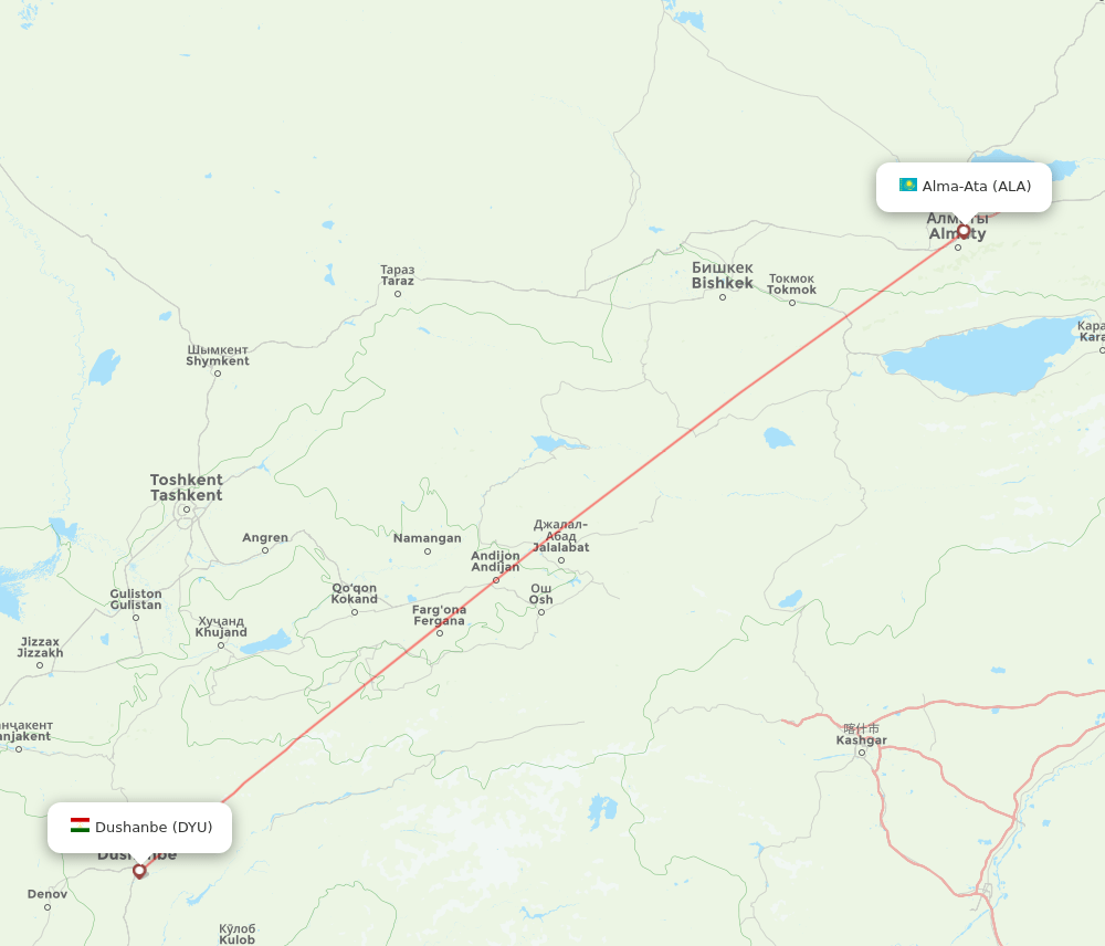 Almaty - Dushanbe route map and flight paths