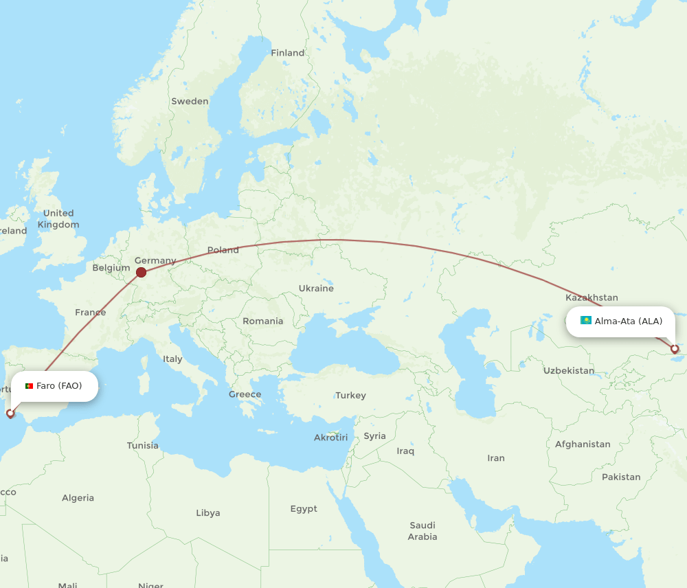 Faro - Almaty route map and flight paths