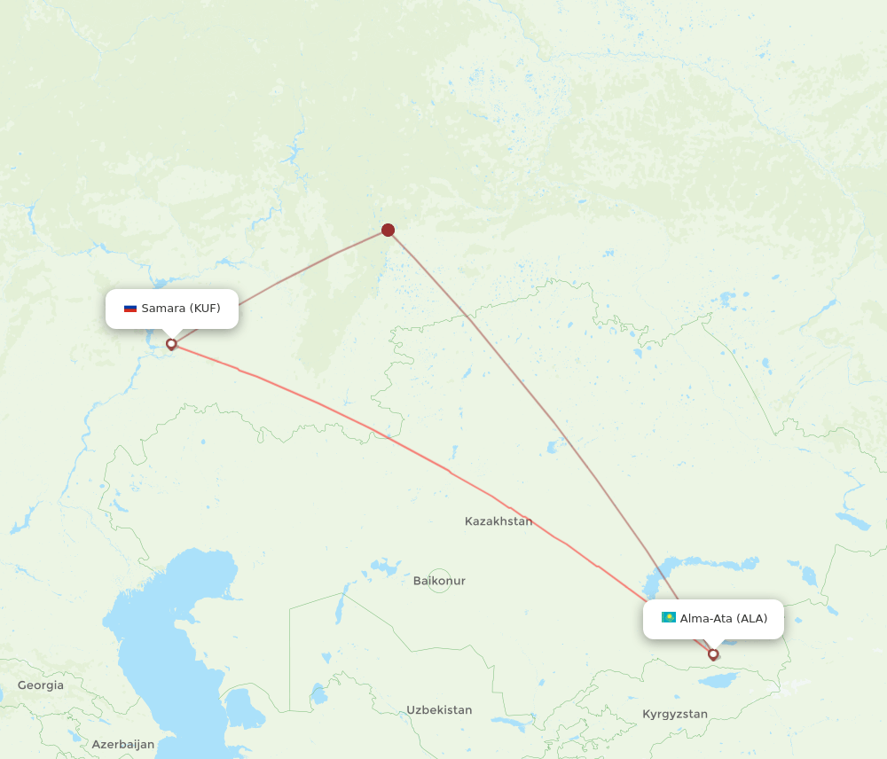 Almaty - Samara route map and flight paths
