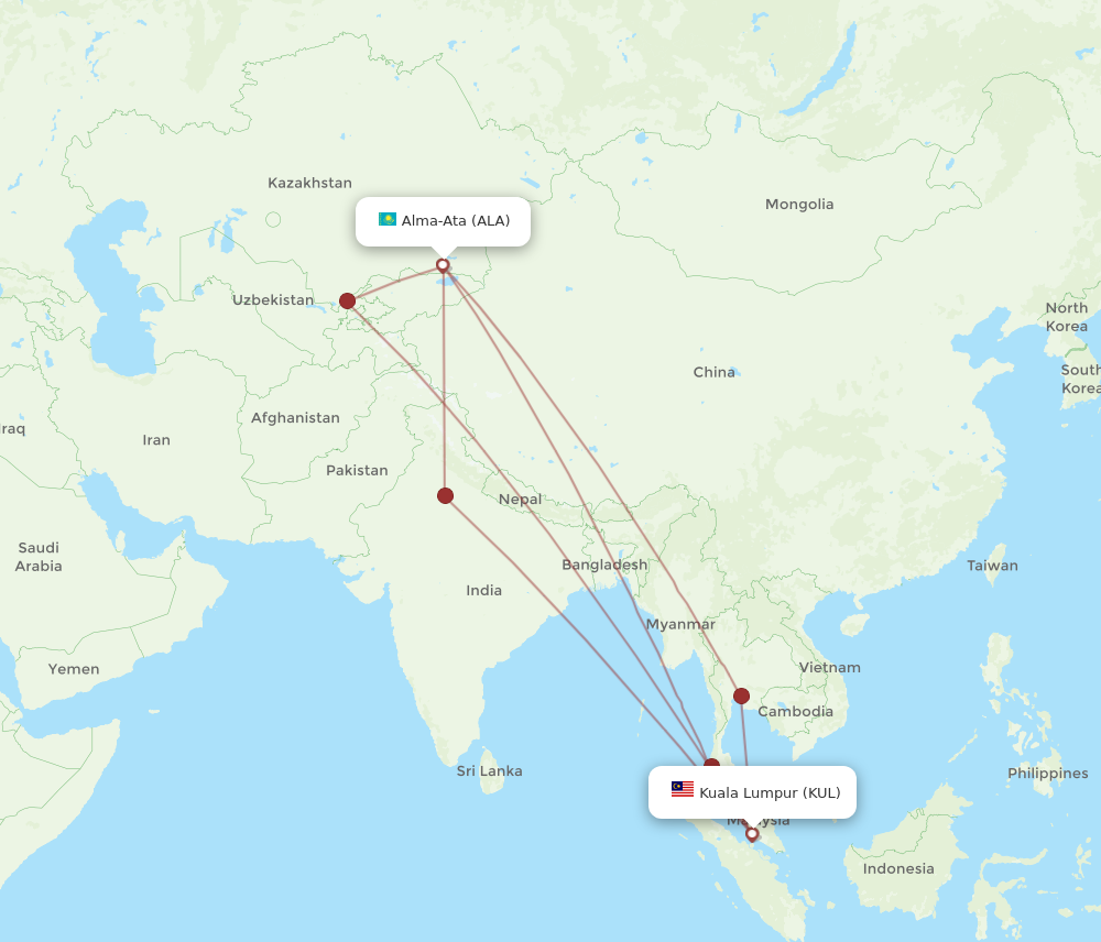 ALA to KUL flights and routes map