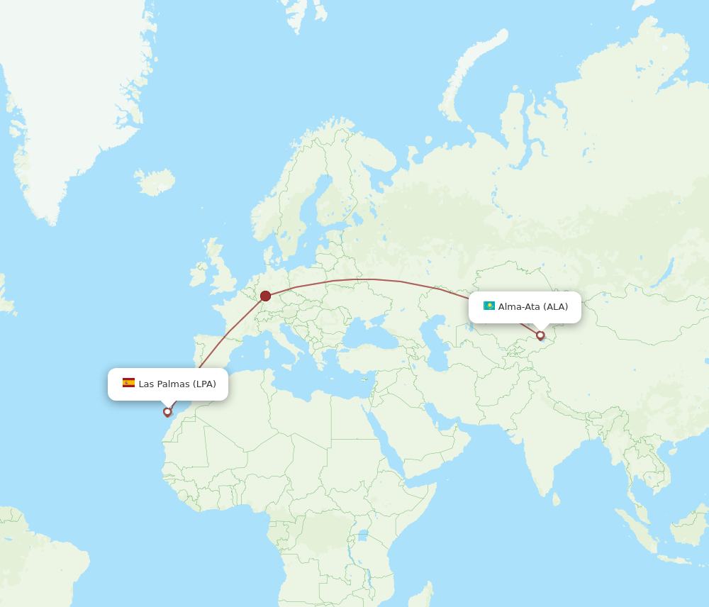 Las Palmas - Almaty route map and flight paths