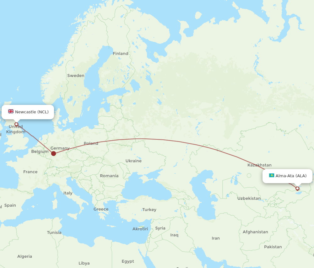 Newcastle - Almaty route map and flight paths