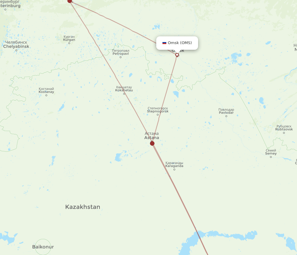 Omsk - Almaty route map and flight paths